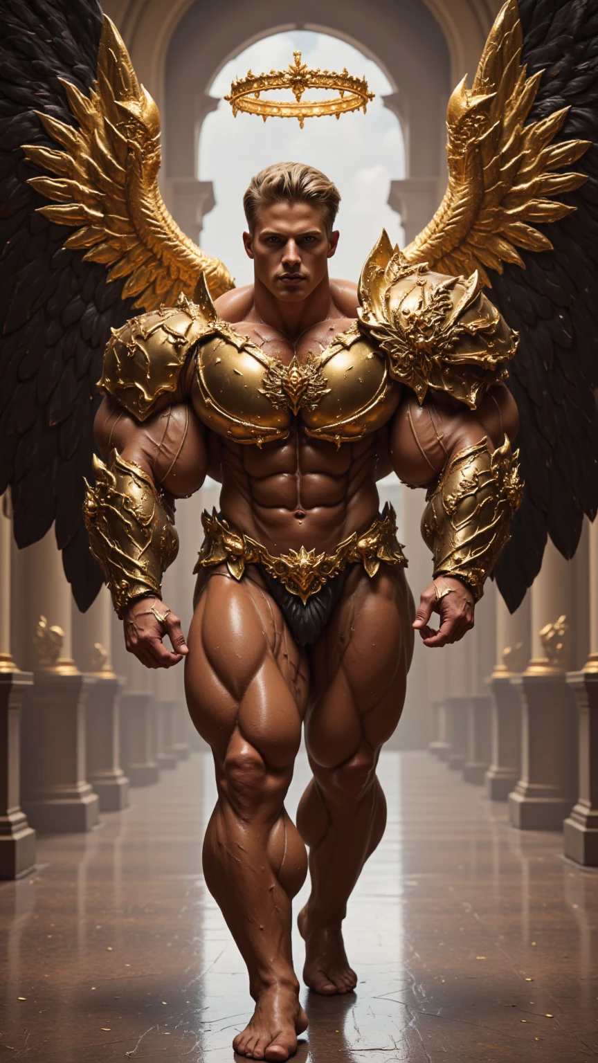 (mid_shot:1.3),(1 male:1.2),(muscle man:1.1),(frontal illumination:1.2),with a silver body and glitters with lights above, black hair, green shade, beard, extreme iridescent reflection,in the style of vray tracing,shiny/ glossy,rococo pastel, vray, silver, shiny eyes,(the young warrior angel:1.2),male characteristics, detailed bulge, full body, squatting
