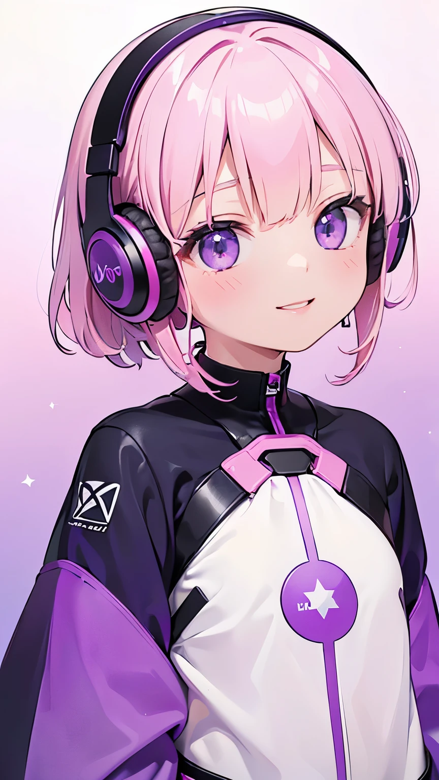 (Masterpiece,, 8K, 1 girl, solo, ta (fashion style), close-up (e.g. photo),looking at the camera,smile, cute futuristic headphones, (gradient of purple, yellow and a little pink), bob pink hair, (background)small shooting star