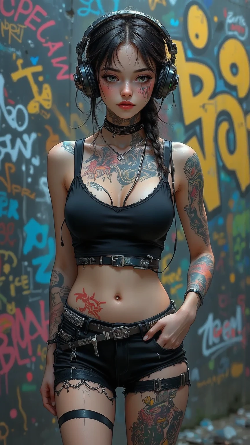 Best image quality, masterpiece, Ultra-high resolution,Beautiful Face, photograph, ((Revealing clothing)), 1 girl, Ripped jeans, White sneakers, elegant, Cinematic image quality,, (Torn clothes:1.5),, Exposing shoulders, Real Rain, (((He has many tattoos all over his body)), (((Tight waist))), ((Big Breasts)),Expression of intense sexual pleasure、(Embarrassed look),(See-through)