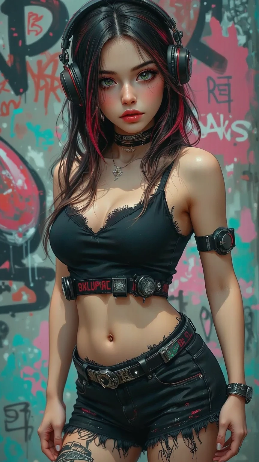 motor irreal:1.4,CG K ultra realista, fotorrealista:1.4, textura de la piel:1.4, obra maestra:1.4,posing behind Beautiful woman with babydoll lingerie、Ropa corta estilo cyberpunk color amarillo, pantimedias red , Mini falda azul,