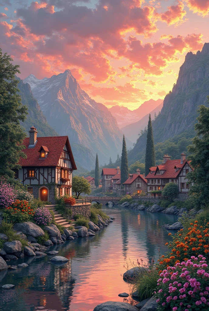 a small village by the river, mountains in the background, floral flowers colorful, detailed landscape, Beautiful natural landscapes, atmospheric lighting, scorching sunset, warm colours, practical, photopractical, Detailed Foliage, complex buildings, cobblestone street, Charming country house, swirly vibrant colors, lush vegetation, Still water reflections, Picturesque, idyllic, work of art, best qualityer, 8k, extremely detaild,anime styling