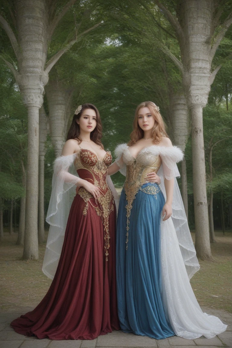 A young and beautiful queen walking through a very green meadow at dawn. She wears light, flowing clothes and is very sensual, and has long, silky curly hair. Beside her is a huge dragon that accompanies her, and has an intimidating look.