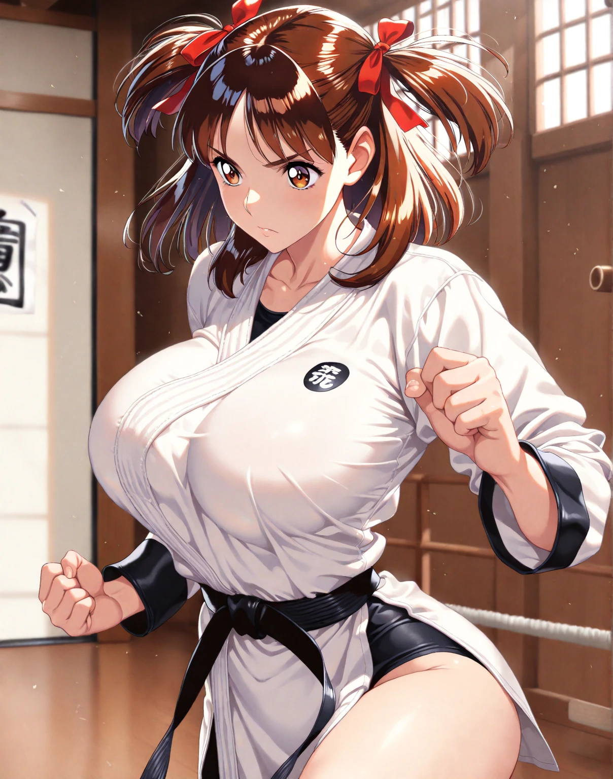 masterpiece,Highest quality, Ultra-high resolution, Very detailed,
One girl, Cute games Fist of the Dragon Tiger、character Yuri Sakazaki,Karate、Young、barefoot、Precise legs refer to、Red headband、Braided Ponytail, Long Hair,Brown Hair, Brown eyes,fingerless gloves, Round chest,Big Breasts,
background dojo, Karate pose,no panties,defeat,Clothes tear,Precise physical structure、Realistic attitude
、White vest Unbuttoned、chest appear、between legs appear、bottomless、real pussy、Low - Angle、between legs覗く、Nipples appear、between legs semen Overflowing Drooping、between legs show
