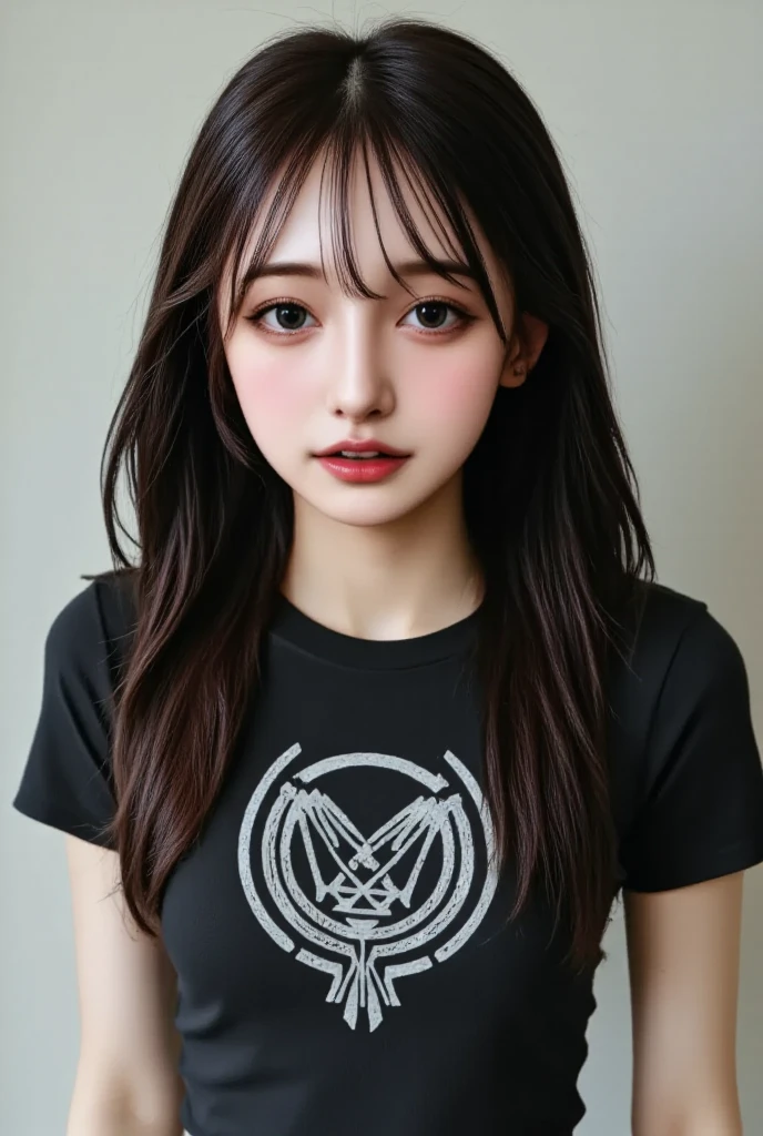 Garota ocidental com peruca preta e orelha de diabinho com camisa larga de anime preta com vermelha