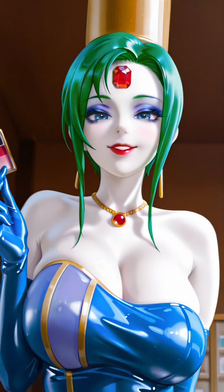 (masterpiece,best quality,ultra-delicate,Perfect Face,16k,high resolution,very beautiful woman), Atsugessho:1.3,deep green hair,blue latex bodycon dress, long latex gloves, green tights, (huge breasts,sexy pose), gold headpiece, pale blue skin, red gem on forehead, pink mist, ((cosmetics counter)), holding large red ball on rope, necklace, smirk, (extremely glossy),cowboy shot