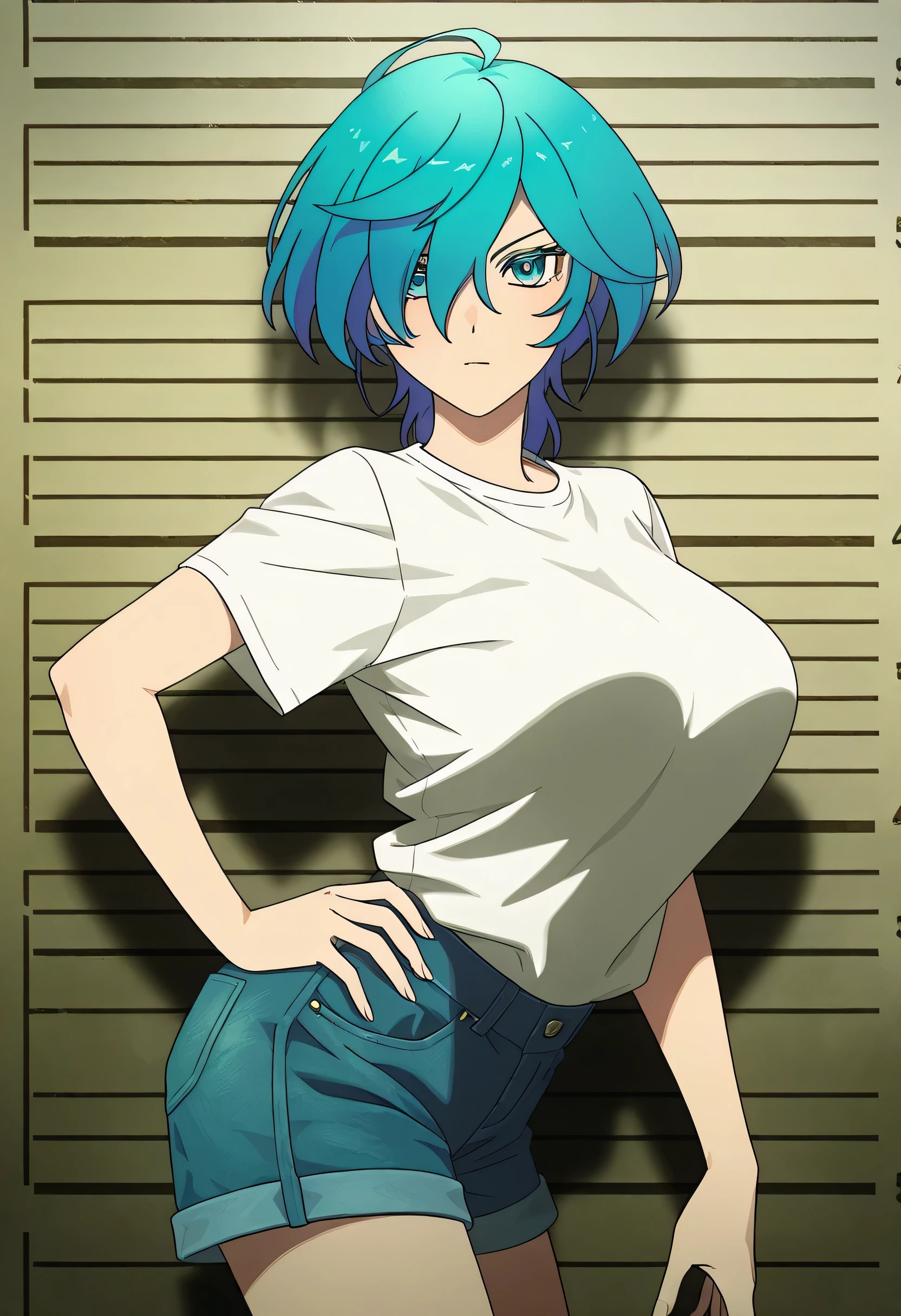 Isemi Tina , Blue hair, big breasts , white Tight T Shirt , denim shorts , hand on hip , looking at viewers , arched back , casual stance , mugshot room