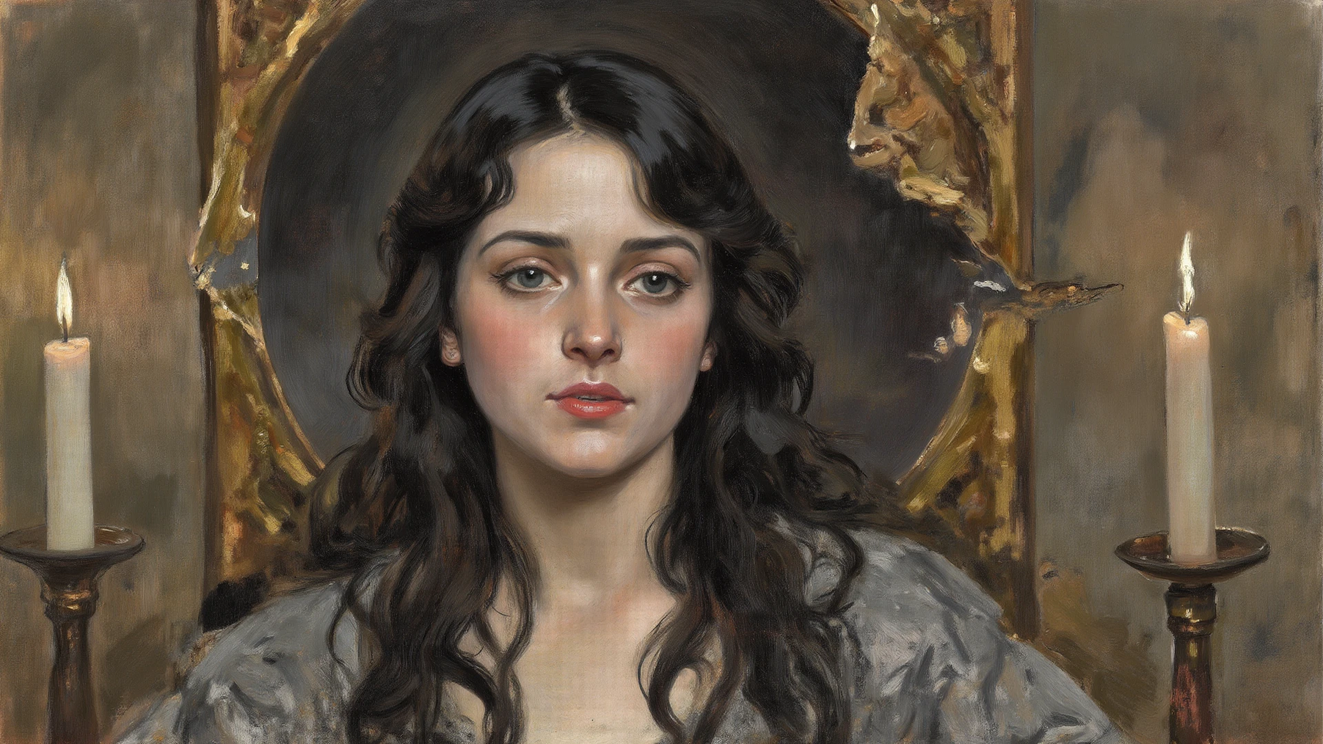 Classical art portrait painting, (Academic Art), by John William Waterhouse, hair collected, ponytail hair