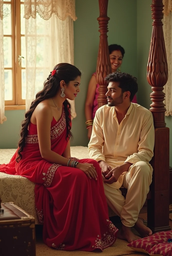 a young indian guy on the left, a sexy teen Indian skinny girl on the middle and milfy indian women with saree sexy cleavage playing in bed.
