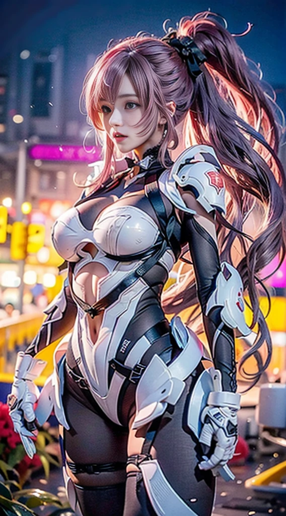 Unreal Engine 5 Realistic Render, ((portrait:1.2)), RaidenShogun, detailed clothes, white clothes, blunt bangs, braid, (huge breasts:1.1), cleavage, wide-sleeved kimono, hair ornament, white japanese clothes, (red obi:1.4), (purple hair:1.4), very long hair, straight hair, detailed face, cool face, (smooth chin:0.85), closed mouth, long eyelashes, sharp eyes, looking at viewer, beautiful eyes, detailed eyes, thick eyebrows, red eyeshadow, symmetry eyes, (ulzzang-6500:0.7), skirt, (from below:1.1), (cyberpunk city:1.4), from side, (rooftop:1.5), (star \(sky\):1.3), photon mapping, physically-based rendering, RAW photo, highly detailed background, high res, perspective, beautiful face, top body is hyper realistic thicc muscle and hyper largest_breasts!! with the type of boobs_melons, lower is huge buttocks, wet shiny body