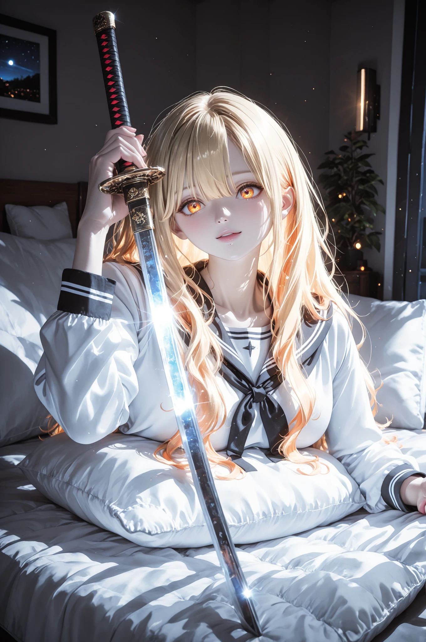 by a girl in a Japanese school uniform with a sailor, is holding bloody shuryukens, behind her katana, short of the night sky with stars of hair color and bright orange eyes, gallatic hair and stars, pillows, 8k, professional, photorealistic, high definition, deep study, detailed lighting, immersion in the atmosphere, picturesque color palette, refined shades