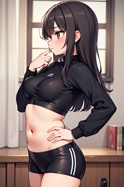 (masterpiece), (best quality, ultra-high resolution, depth of field:1.2), (perfect anatomy), (adult), 1woman, (petit body), (wide hips), (small breasts), brown eyes, bright pupils, black messy hair, long hair, (hair over one eye), bangs, (purple under-eye makeup), baggy clothes, (wearing a purple cropped shirt), (black leggings), gym scenery, shy, (blushing), seductive smile