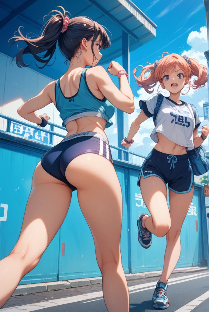 (masterpiece, best quality), best resolution, (2heads:1.5), 1girl, slender athletic, blue hair, indigo eyes, blue hot pants, purple sports bra, standing pose, happy, energetic, gym background