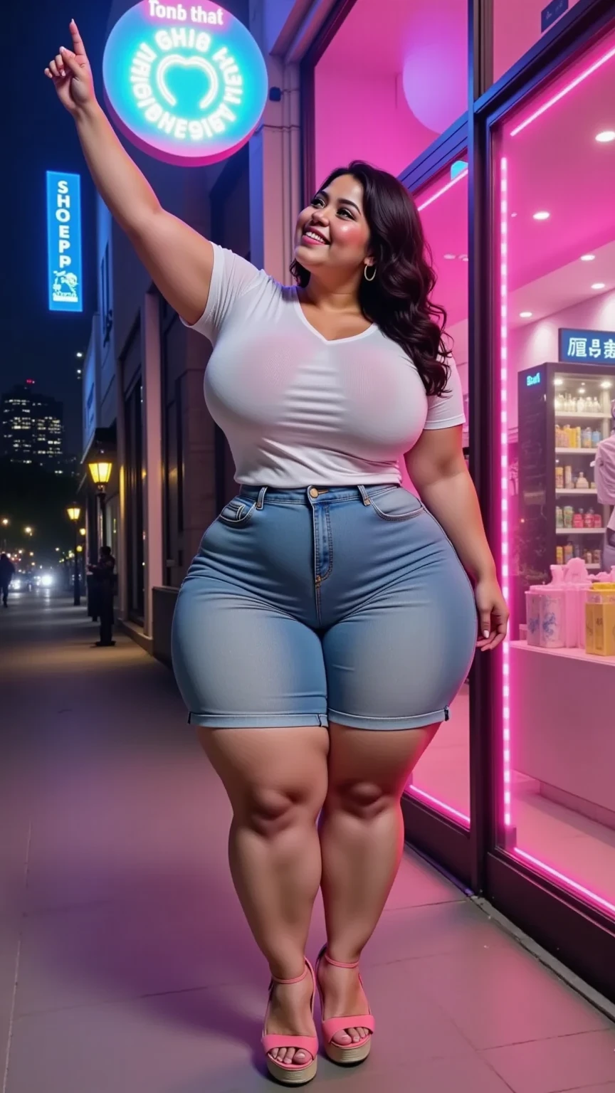 ((best quality)), ((masterpiece)), (detailed), perfect face, araffe woman in a dark-blue shirt and blue denim skirt walking down a street, thicc,  wavy  hair , she has a jiggly fat round belly, bbwchan, wearing tight simple clothes, skinny waist and thick hips, widest hips, her belly is fat and round, soft curvy shape, hyperrealistic full figure, wearing a cute top, wide hips, wearing 10 bracelet , wearing huge diamond necklace 