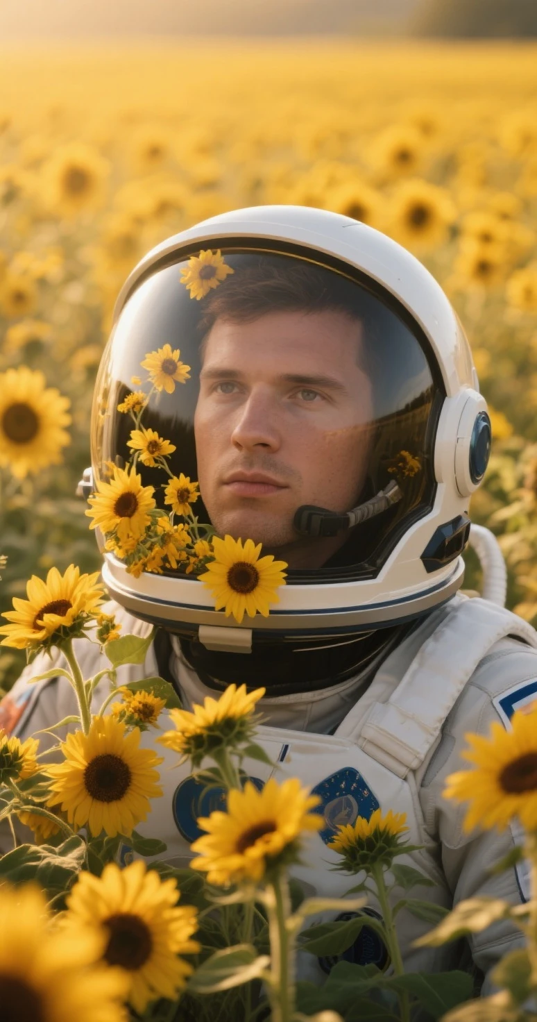 stunning photorealistic of an astronaut holding a sunflower, dark theme, dark scene, dark atmosphere, masterpiece, high detail, best quality, raw photo, (photorealistic:1.4), (hdr:1.4)