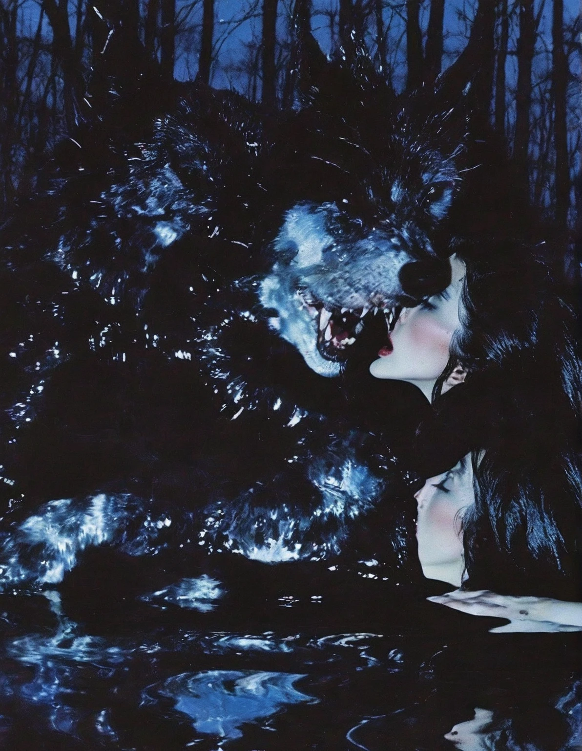 film photography, vintage, 90's vintage arthouse fashion shoot of female horror monster, blue dark background