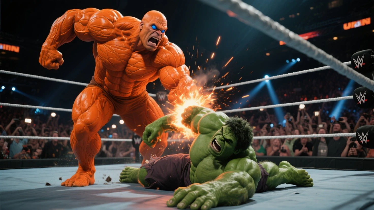 The incredible hulk punches a purple villain who explodes intoslime
