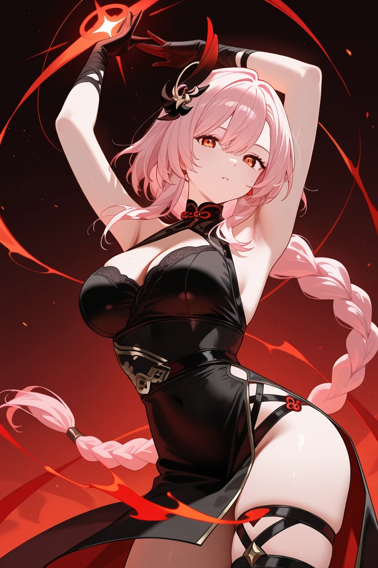 ((((Obra maestra, La mejor calidad, ultrahigh resolution)))), 1girl, standing,), ((long pure brown hair, hair over eye)), long hair cut, shiny skin, ((red eyes)), glowing_eyes, neon eyes, (ultra detailed eyes:0.7, beautiful and detailed face, detailed eyes:0.9), ((centered)), smirk, facing viewer, ((vibrant background, dark lighting, summer, sunlight)), large chested, looking at viewer, ((half closed eyes)), ((perfect hands)), (((head:1, arms, hips in view, elbows, legs, in view))), ((hands behind back)), empty eyes, beautiful lighting, ((outside, outdoors)), defined subject, head tilt, (((gritty)), ((creepy)), ((cool)), ((beautiful)), (((SFW))), hair ornament, petals in the air, moon in the sky, city, mature woman, adult woman, sfw, pink and white dress, night dress, she is a princess, cute dress