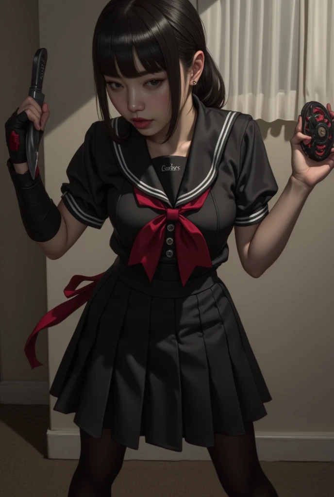 masutepiece, Best Quality, hight resolution, 1girl in, Shaded face, Black hair, Pretty, malformed, ((Black eyes)), arms in arms, ((Crying)), Tears run down my cheeks, (((He wears a sailor suit with blood splattered on it, blood splashing))), (Long hair), (angry), Looking at Viewer, Centered, (In view)、full body Esbian、brandish a knife