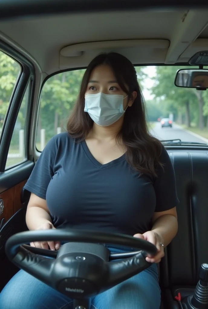 Draw a picture of a rather plump young Asian woman with long, wavy, dark brown hair. She wore a black face mask and a brown blouse that showed a little cleavage. This woman was standing next to the car with the door closed but the car window open, looking down slightly with one hand leaning on the door and the other hand holding the cell phone. point of view (angle) This photo is from inside the car, showing a view from the side of the car door towards the woman. The background is nighttime with dim lighting, and there is some graffiti or mural on the wall behind the woman