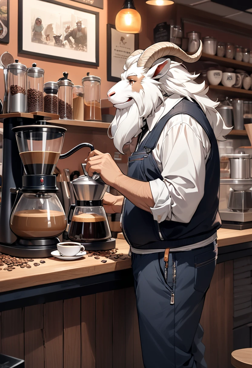 (Best quality: 1.0), (Super High Resolution: 1.0), (masterpiece, best quality:1.2), detailed, detailed hands, detailed eyes, score_9, score_8_up, score_7_up, furry, anthro, ((dragon)), ((solo)), grandpa, (about 70 years old), (manly), curved horns, handsome face, huge, bangs, white beard, beard above mouth, fluffly fur, nipples, looking pleasured, sexually, sexy pose, SFW, coffee shop, (apron), flaccid, in heat, panting, sweat, sweaty, musk, (skinny, shy), hands touching, (looking at viewer, shy), blushes:0.3, close up view, (by bebebebebe, by syuro)