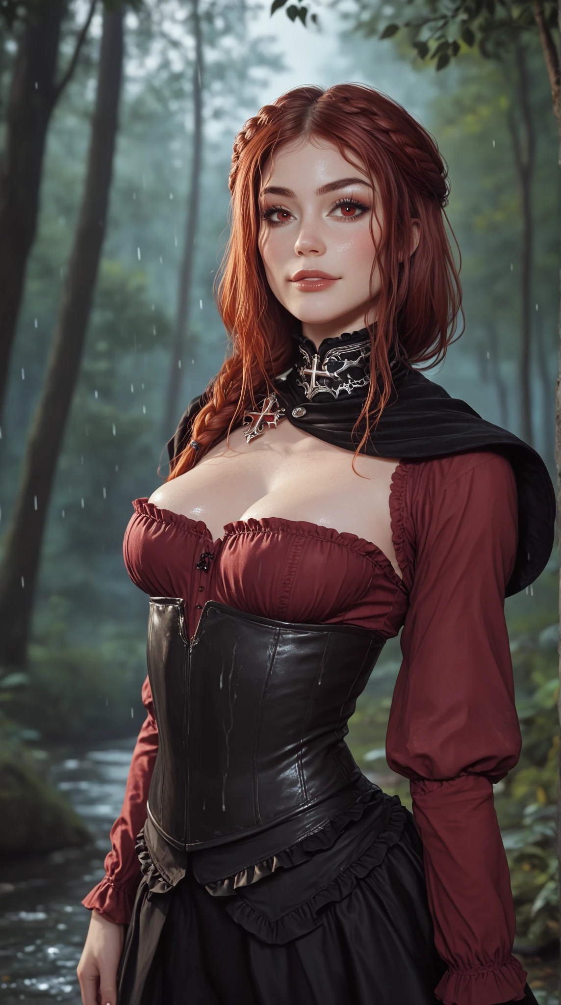 Un primer plano de una mujer con una capa roja y un body, Alena Aenami y Artgerm, vestido con una hermosa capa roja, better known as amouranth, Amouranth, thief red riding hood, Caperucita Roja, Capuchas rojas, inspirado por Magali Villeneuve, capucha y capa, Caperucita Roja, cosplay realista