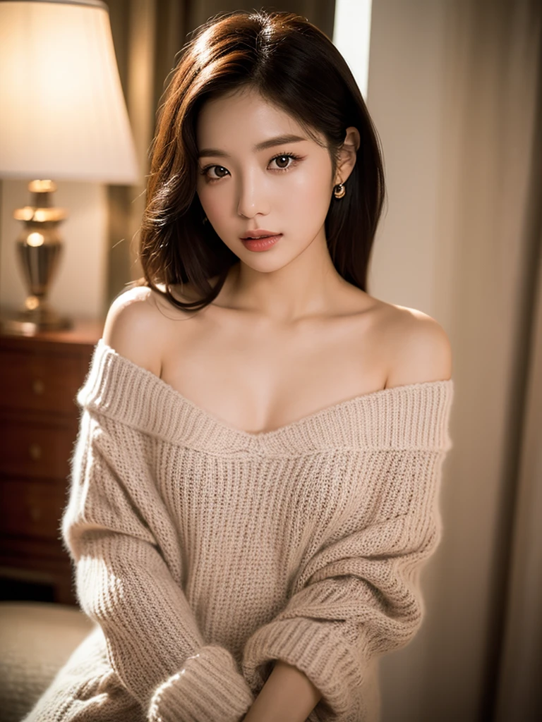 (masterpiece, Highest quality:1.2),Anri Okita, alone,,The eyes are exquisite and delicate,Exquisite hair color,( Wear a sexy sweater:1.2),Pastel Tones,Pink Lips