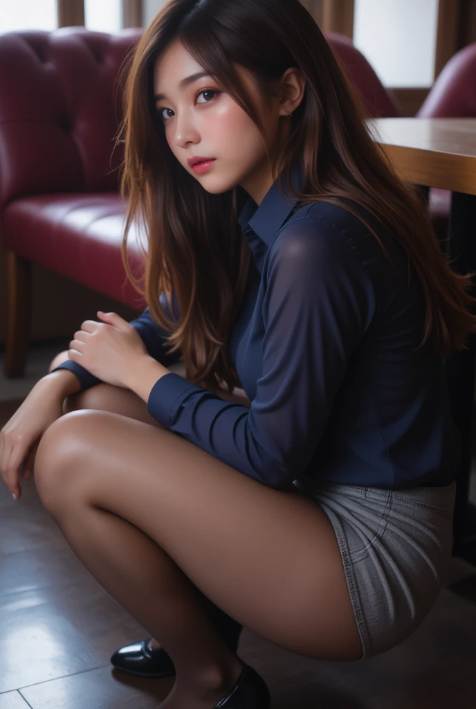 (64K,UHD,
best quality, masterpiece:1.2), (realistic, photo-realistic:1.37), ultra-detailed, 1 girl, cute, solo, beautiful detailed sky, detailed cafe, night, sitting, dating, (nose blush), (smile:1.15), (closed mouth) small breasts, beautiful detailed eyes, (collared shirt:1.1), night, wet, business attire, rain, white lace, (short hair:1.2), floating hair NovaFrogStyle, topless,