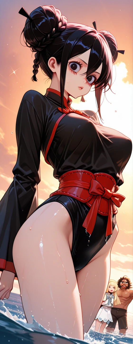 1girl,solo,super detailed skin,shiny skin,wet oily skin,natural face,lips gloss,eyelashes,half open eyes,glowing red eyes,red hair,blunt bangs,sidelocks,a braid,large breasts,high leg body suit,Shinobi clothes,fishnet,unique black boots,from below,simple background,masterpiece,best quality,ultra detailed,high resolution,sharp focus,depth of field,