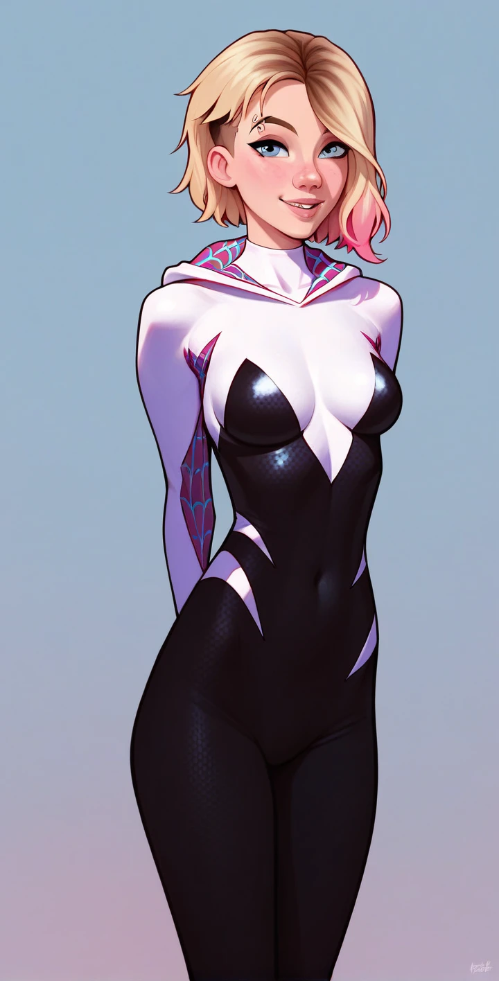 Full body image of Gwen Stacy as Spider-Gwen, full body in image, wearing her original Spider-Gwen outfit (white, black, and pink hooded suit with web patterns on the inside of the hood, white gloves, and blue ballet shoes), short blonde hair with the hood partially down, female body, slender and athletic body, dynamic pose, detailed pose, simple background, expressive face showing determination, focus on face, line art, sketch