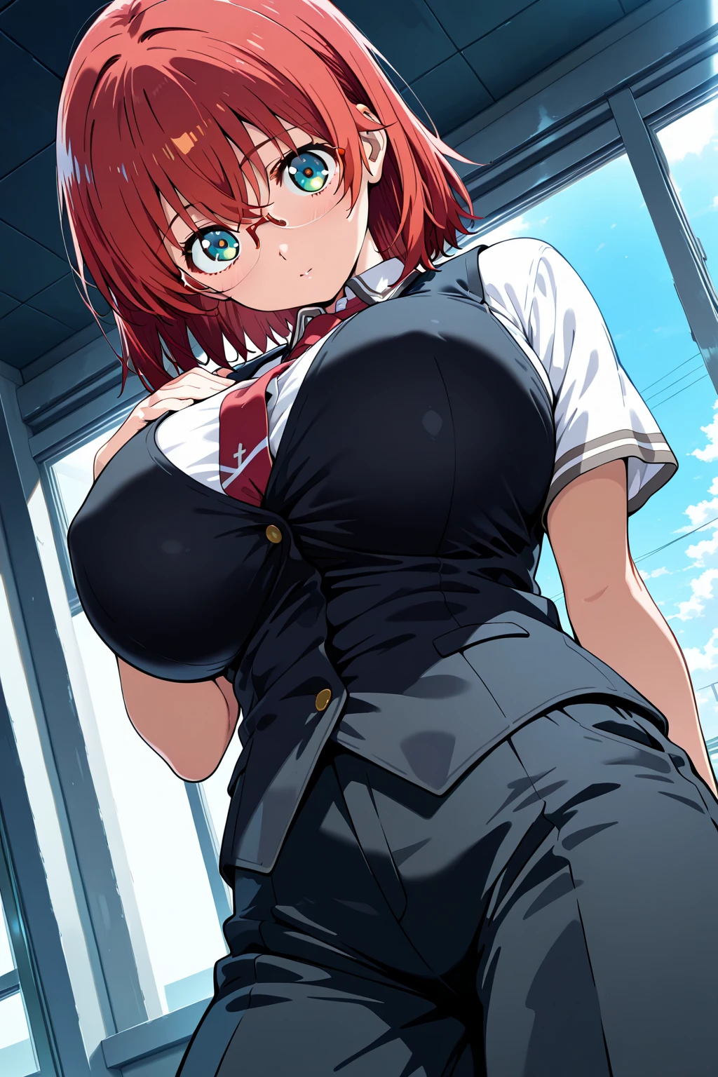 (masterpiece, best quality:1.2), Solitary, A girl, Huge breasts,in the classroom,Red Hair,黑色Short skirt,sit on the chair,Raise your hands,Raise your hands above your head((blue eyes,beautiful eyes)), Put your hair up, Short skirt,Thin belly),(slim),((Big tits))Big Ass(Look away:1.4),(from above),(Huge breasts)