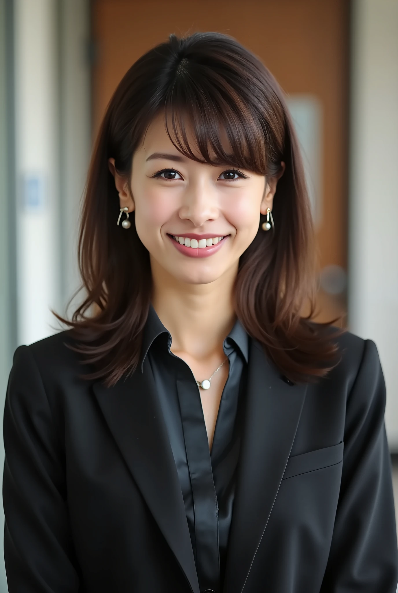 (top-quality, 16K, ​masterpiece:1.3), (ultra detailed), (masterpiece), (best quality), Highest quality, Realistic, surreal, Highest quality, Extremely detailed CG, Very delicate, 16K wallpaper, High resolution, A female manager working for a top company, 3, UNTITLED business suits, Japanese office with large windows, Japanese, slender body, very detailed, detailed fingers, detailed hands, detailed eyes, detailed legs, accurate and perfect human anatomy, real human skin, BREAK ((look into the viewer's eyes:1.5)), ((looking at viewer:1.5)), ((Front view:1.5)), ((from front:1.5)),