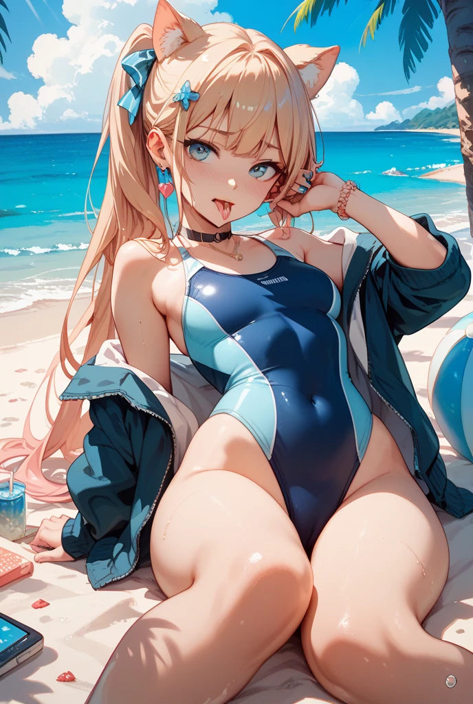 School Swimsuit,,Blushing、Blonde、ponytail、Pale blue eyes、Head to toe full body、Blushing、Embarrassed look、Composition from the front、A view from slightly below、school swimwear、Acme Face、Random pose、, 、nsfw、Highest quality、1 girl、solo、Ocean、Sandy Beach、Sexy pose、Random pose、Blushing、Wet、Embarrassed、I can see half of my 、、One piece swimsuit、(Strap slip:1.3)、School Swimsuit
