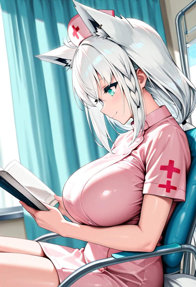 NSFW,masterpiece,Highest quality,High resolution,Super detailed,Shirakami Fubuki\(Hololive\),Gray Hair、One-sided braid、Ahoge、Earrings,Fox ears,Fox tail,Sexy Nurse,Pink Nurse Uniform,Nurse cap,Open clothes,Stethoscope,Embarrassed,blush,Expecting face,Feeling face,(Ecstasy face),(Ahegao),Sexy look,Hospital at night,Examination room,desk,pc,Chair,(Seduce),Cleavage,examine,Chairに座っている,Leg spread,Rub your own breasts,(Masturbation),(Squirting),(attacked)