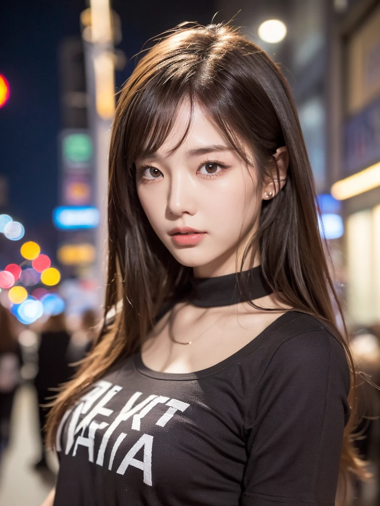 (masterpiece,  best quality, 8k raw photo), detailed background, hyper-detailed,  Detail eyes,  detail hand,  detail fingers, detail face, thick lips , red lips, detail hair, real life,  realistic, smile, big breast, Smiling, Looking At Viewer, upper_body, 1 Girl, young 16 years old, black straight bang-long hair, black croptop long sleeves, black skirt, night , city, moon, building, lighting, elegant pose