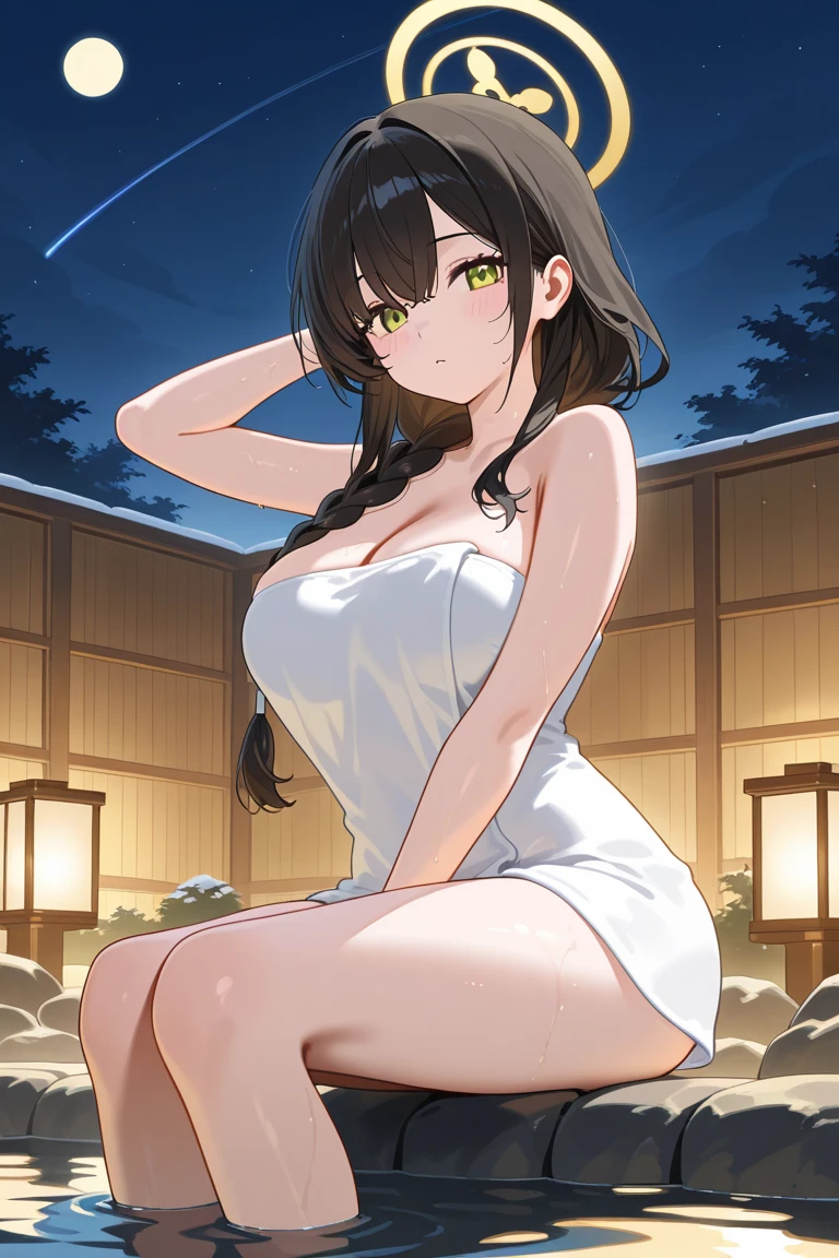 slender, mature female,1girl, onsen, breasts, night, rating:safe, soaking_feet, brown_hair, sitting, large_breasts, night_sky, sky, solo, blush, star_(sky), starry_sky, bare_shoulders, looking_at_viewer, water, thighs, outdoors, bangs, brown_eyes, sidelocks, rock, collarbone, black_dress, folded_ponytail, hair_bun, sleeveless, wet, eyebrows_visible_through_hair, halterneck, tied_hair, closed_mouth, dress, long_hair, bare_arms, swept_bangs, mole_under_mouth, bare_legs, sleeveless_dress, hair_between_eyes, lantern, short_hair