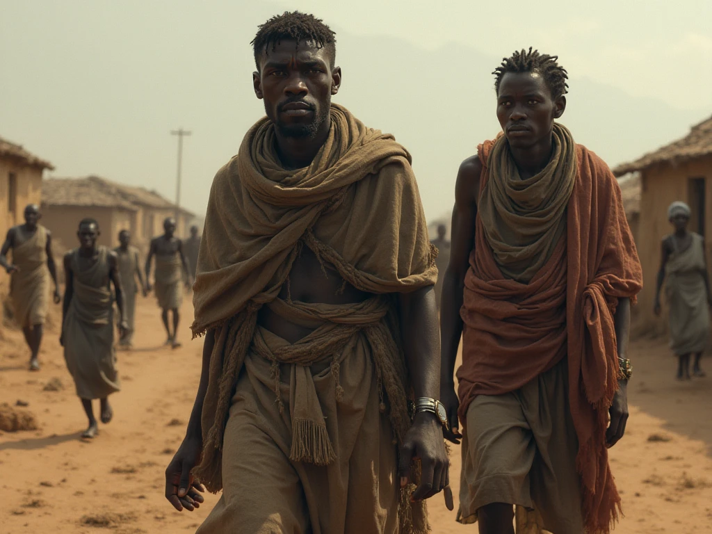 Five half-naked African slaves tied with a rope, descendant un escalier, tristesse dans les yeux, corps entier nu, no clothe, pas de coiffe, cheveux noirs, Dynamic scene from the movie Amistad, looking at the 50mm camera, Realistic photo HD, Diffuse light, Rebel Republic Environment, , hyper detailed, Whole size, Plusieurs hommes et femmes esclaves debout, loin cloth, esclaves, Himba, corps entiers, all are chained, chaines en fer, Hands tied with a large rope, Homme africain, Enslaved humans, Screenshot of movie 300, Samuel Jackson, africain, The man has black skin, Scene from the movie Amistad, dark-skinned, pagne