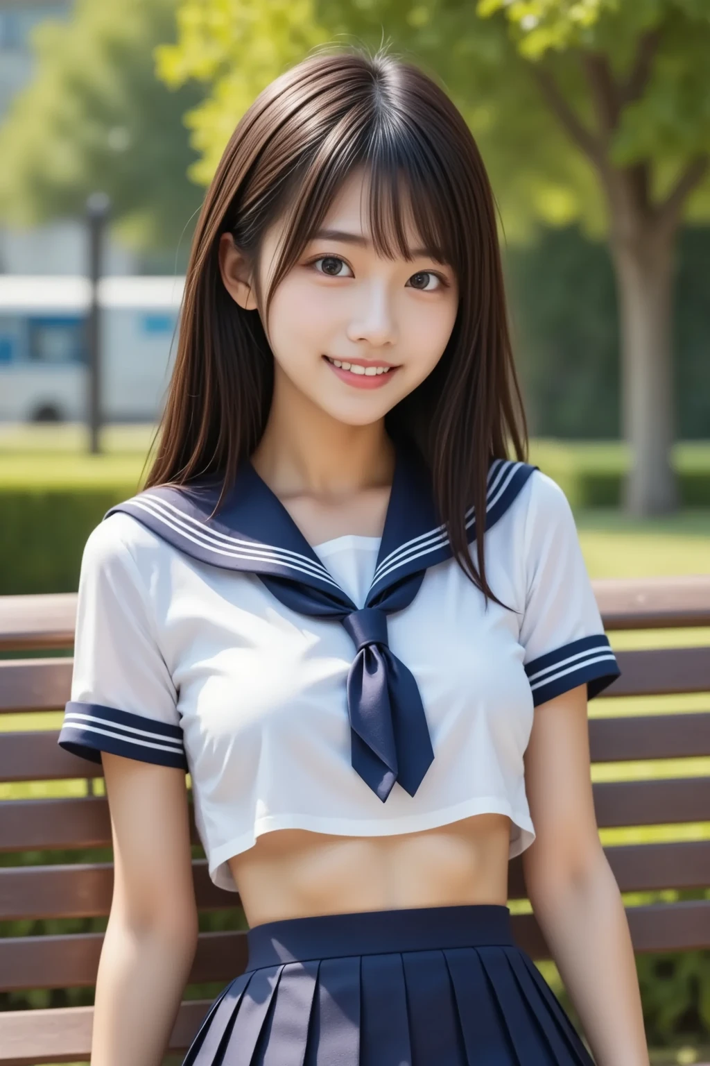 (masterpiece、top-quality:1.2), 超A high resolution, (Photorealsitic:1.4), Detailed skin, lighting like a movie, friendly, Intelligent, Conversational Engaging, Happiness, cordial, Energetic, jolly, Created, Glowing eyes and infectious smile, Cute teenage girl, NSFW, School uniform, Very small bust, exposed breast, show nipple, Show abs, a short skirt, The best smile, provocative smiling, see the beholder, Facing the front, Open your legs, Crowded cafes, poneyTail