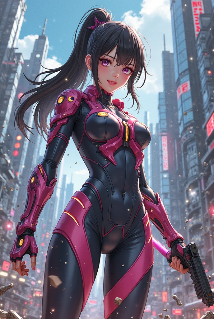 full body, cowboy shot, Masterpiece:1.2, high quality, best quality, high resolution, detailed, hyper realistic, 1girl, medium brown hair, blue eyes, head tilt, sunset, birds flying, cherry blossom, closed eyes, smile, showing teeth, (detailed face), ((sharp focus)), (full body shot), neon signs, ancient ruins, robot (robot fox face mask), (fishnet)