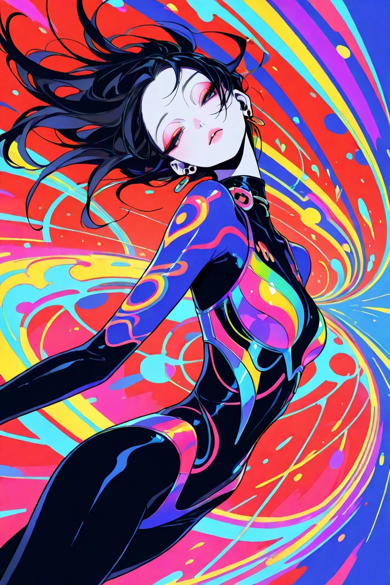 (masterpiece, top quality, The best quality, official art, beautiful and aesthetic:1.2), (1 girl:1.3), extremely detailed,(fractal art:1.2),Color,more detailed,( neon zentangle:1.2), (dynamic pose), (neon abstract background:1.5), (tredital clothing:1.2), (shiny skin), (many colors:1.4), Upper part of the body ,neon,16k,full hd