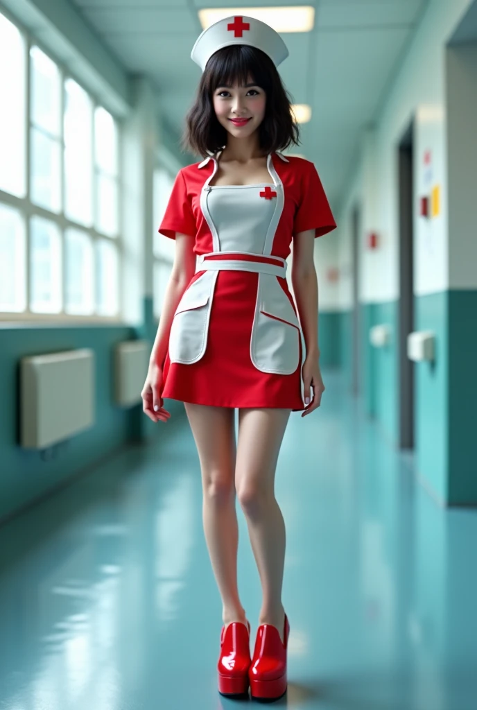 Full body, a nurse cap with red cross symbol, beautiful detailed eyes, beautiful detailed lips, extremely detailed face, longeyelashes, medical uniform, clevage, short skirt, medical equipment, holding a clipboard, standing in a hospital interior with blurred background, professional, photorealistic, cinematic lighting, epic, dramatic, intricate details, highly detailed, masterpiece, 8k