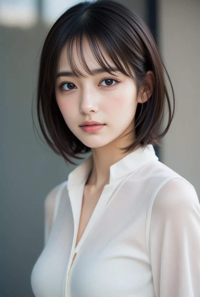 (Representative Works: 1.3), (8k, photorealistic, raw photos, Highest image quality: 1.4), (30 years old mature woman),small face, beautiful face, (realistic face),no makeup、natural makeup、light makeup、 (Dark brown, short hair: 1.3), beautiful hairstyle, realistic eyes, beautiful detailed eyes, (Photorealistic skin), beautiful skin, (sweater),small chest、Bust B Cup、 disorganized, Charm, 超High definition, Super realistic, High definition, golden ratio, FF Tifa、Gray background、