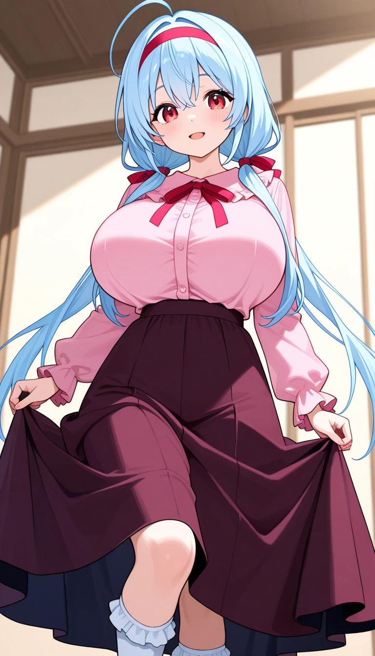 My name is Akari., I am a white test woman with long dark blue hair , turquoise eye color  . I am 1.62 cm tall and weigh 47 kg. My breasts measure 260 cm, my waist 40 cm and my hips 240 cm. Dressed in a tight, low-cut pink blouse along with short black shorts  . With big breasts 260 cm