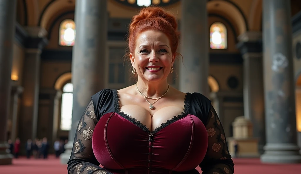(background is a busy red carpet movie premiere:1.5), photorealistic, (minigirl:1.5) (thicc:1.3) (Christina Hendricks:1.5) (sitting inside an oversized old-fashioned bassinet:1.4) and wearing a (tight green silky dress:1.3), (enormous breasts:1.5), high heels, (arms crossed:1.4), nsfw,