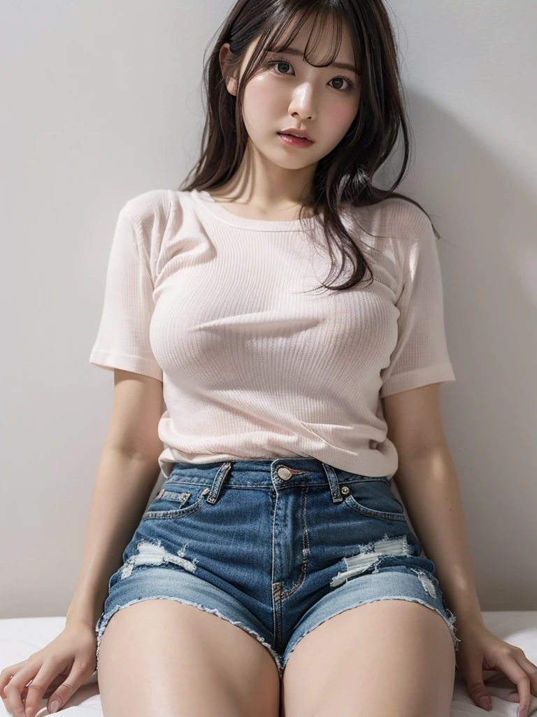 a girl sitting on bicycle, spread legs, denim miniskirt, white panties,