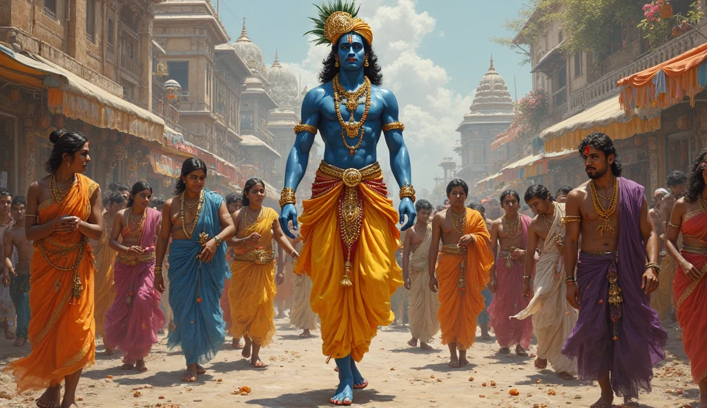 Krishna Resettling the Yadavas: "Krishna warmly welcoming the Yadava people into Dwarka, providing them with homes, security, and a prosperous new beginning."