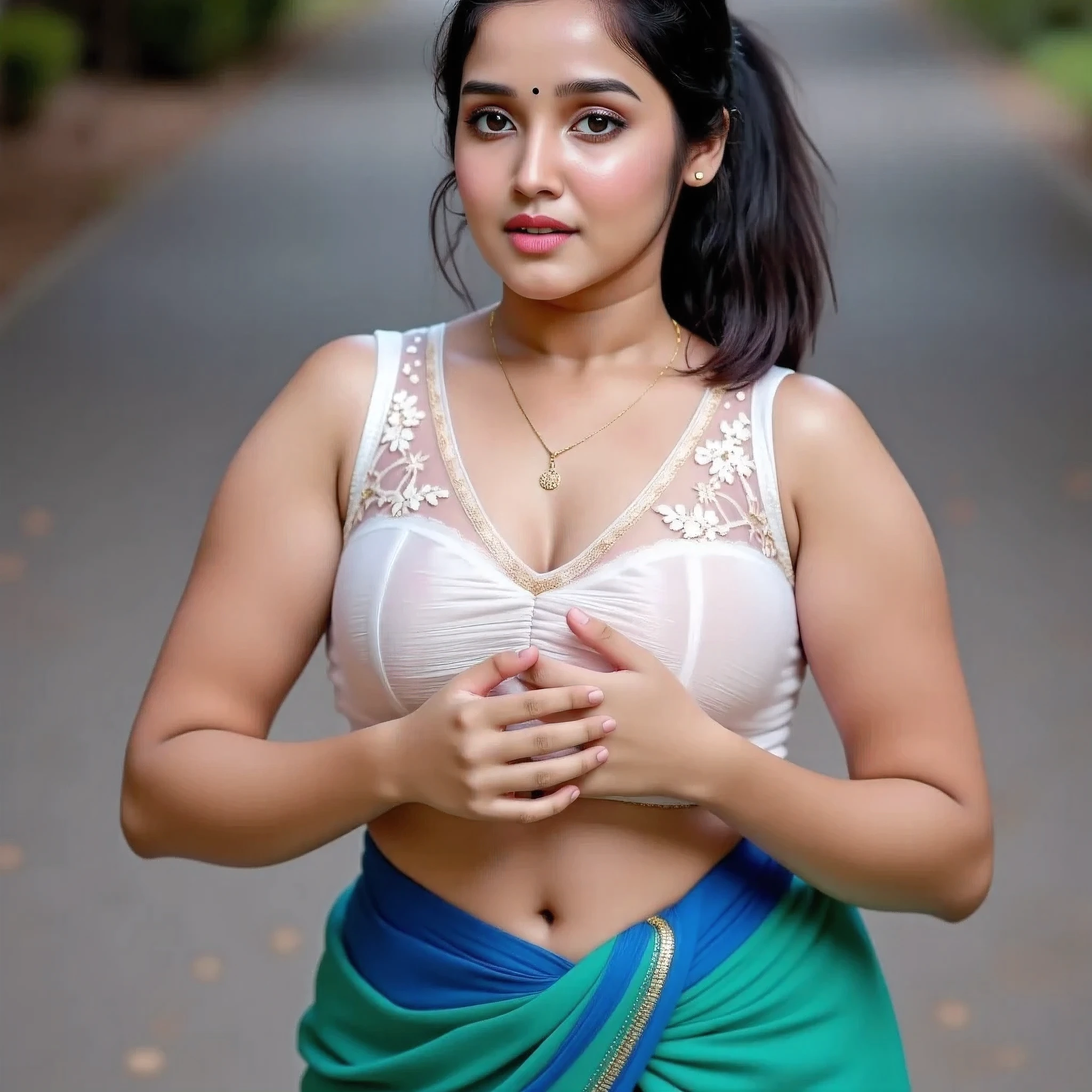 front view, extreme long shot photo of sexy indian, look at viewer and subtle smile, curvy athletic figure, open arms, sexy armpits, sweating, doing push ups in fog, ponytail, necklace, white see through lace bra, blue and green saree, glossy lips, (cinematic:1.3), intricate details, (ArtStation:1.2), sleeping on bed, back view,ponytail hair sPonytail, Ponytail, Ponytail, Ponytail, Ponytail, Ponytail, Ponytail,