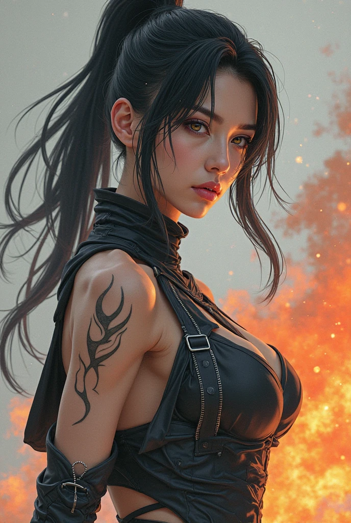 sexy sayajin girl,illustration,beautiful face,expressive eyes,luscious lips,long black hair,fierce gaze,athletic build,confident pose,intense energy,aurora borealis background,Dynamic lighting,high-res,HDR,vivid colors,anime styling,sexy outfit,Proud stance,Powerful aura,flaming aura around her hands,Dragon Ball reference,rippling muscles,sharp focus,perfect anatomy,tattoos on arms and legs,rippling energy waves,explosive power,action-packed scene,passionate expression,artistic interpretation,attention to detail,meticulous shading,showcasing strength and femininity,luminous glow,highly detailed costume,long eyelashes,glowing highlights,fiery determination,intense shadows
