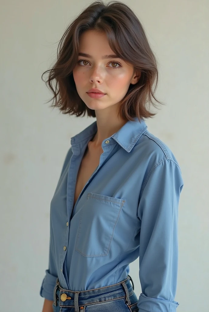 Girl with waist-length brown hair, blue eyes and white tea, reddish lips and small nose