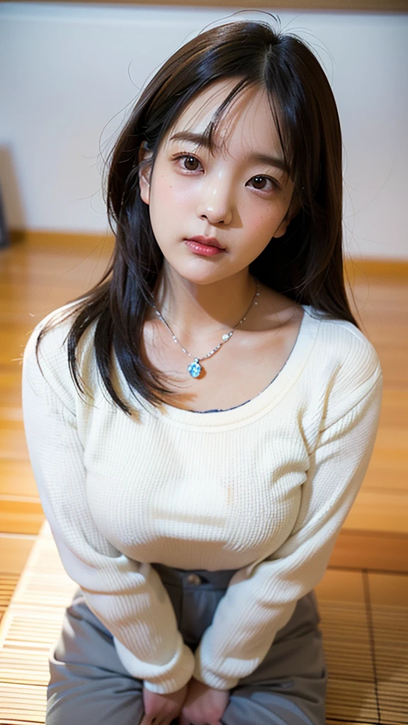 (8k), (highest quality: 1.2), (Realistic), (Realistic: 1.37), Ultra-high resolution, 1 girl, Head to knee photo、cute, smile, Mouth closed, Beautiful details, Beautiful Nose, whole body, Wet Hair, Giant Dulcefo, pork, , (Large Breasts)、Saggy breasts、Soft Breasts、Overflowing breasts、Knitted cardigans、隠しきれないLarge Breasts、Voluptuous thighs、Odd Eye、Heterochromia iridis
