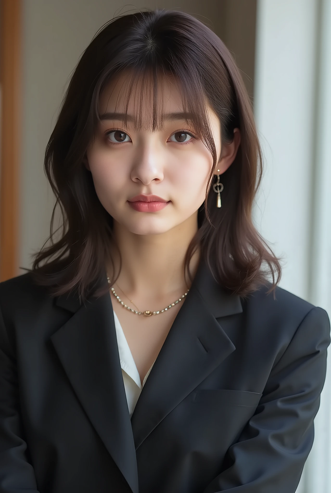 Neat Young Woman、and look at the camera、office lady suit、jacket、shirt、necklace、ear piercing、口を閉じた笑顔、背景はオフィス